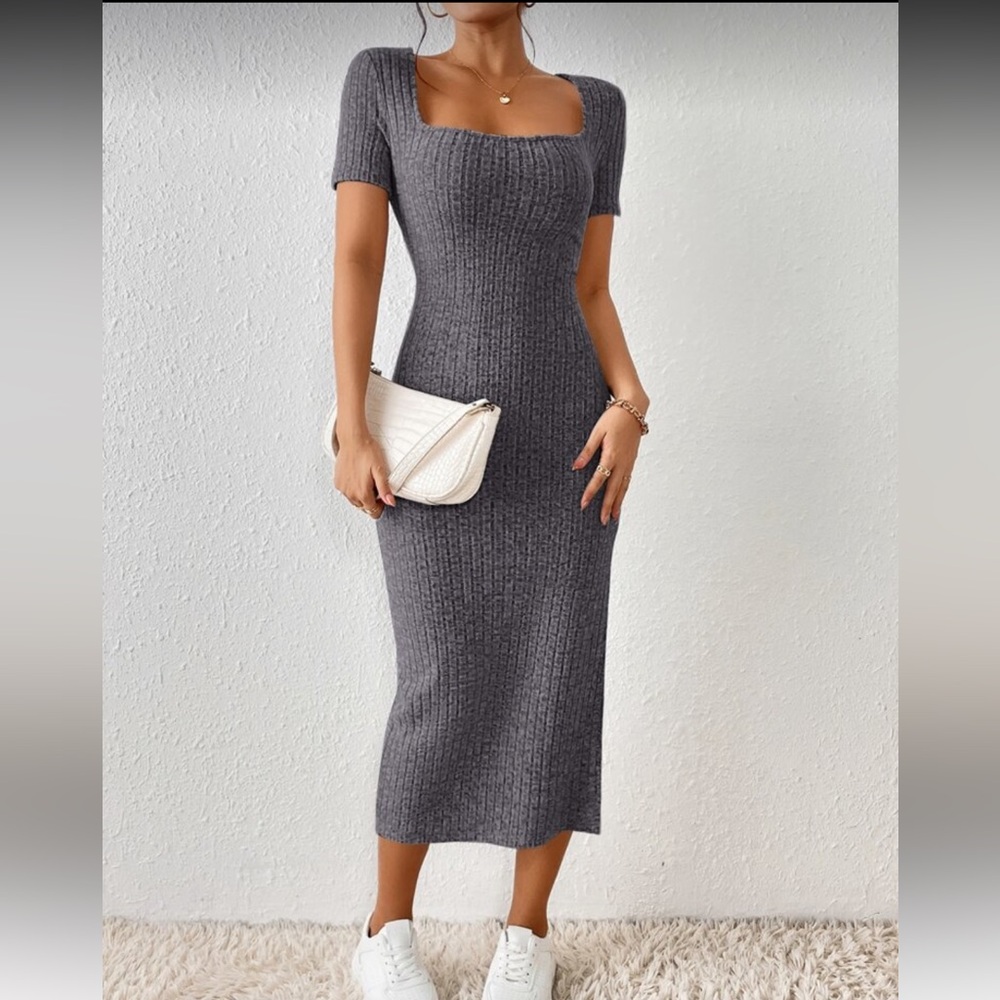 SHEIN Gray Ribbed Square Neck Midi Dress
